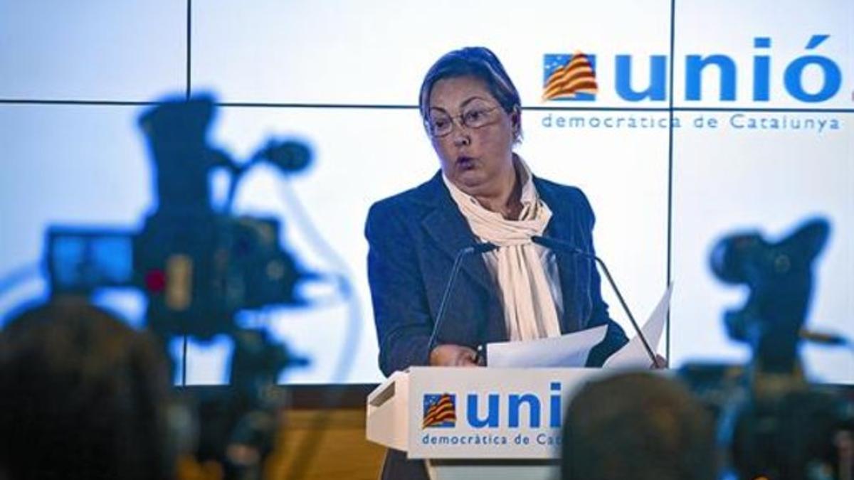 La portavoz de Unió Democràtica de Catalunya, Marta Llorens, ayer en rueda de prensa en la sede nacional del partido democristiano.