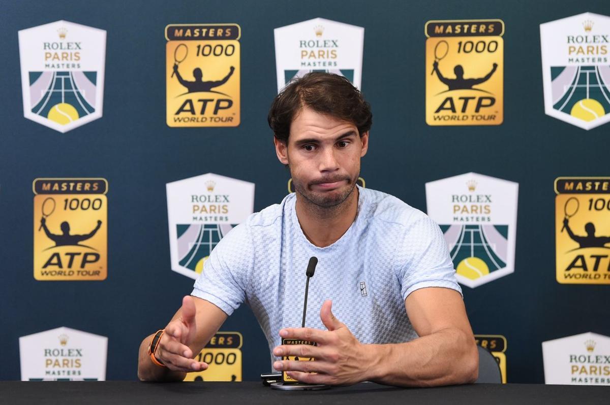 Spain’s Rafael Nadal speaks during a press conference on day three of the ATP World Tour Masters 1000 - Rolex Paris Masters - indoor tennis tournament at The AccorHotels Arena in Paris, on October 31, 2018. (Photo by Anne-Christine POUJOULAT / AFP)