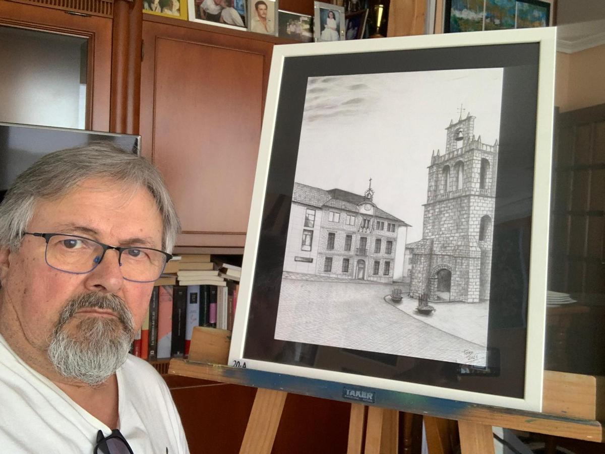 José Antonio Álvarez Fernández con uno de los lienzos que expondrá en Salas.