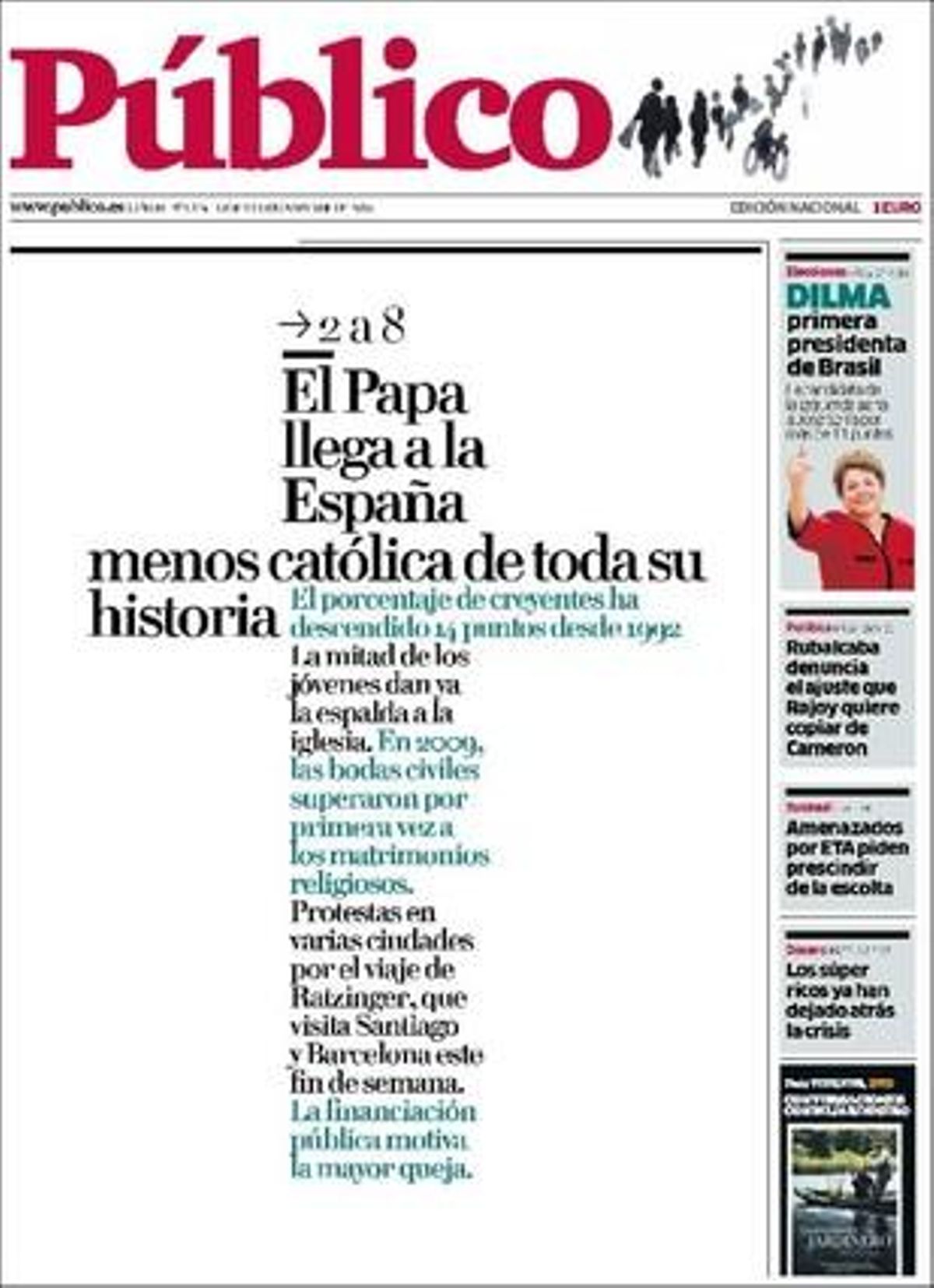 ’Público’ destaca a dins que el dilema que afronta demà dimarts a les urnes una Califòrnia a molt a prop de la fallida és el de legalitzar la marihuana o fer fallida; que els amenaçats per ETA fan saber al Govern basc que volen deixar de portar escorta tan aviat com sigui possible; i que els comptes de les autonomies per al 2011 preveuen que aquestes gastaran un 4,4% menys per la crisi.
