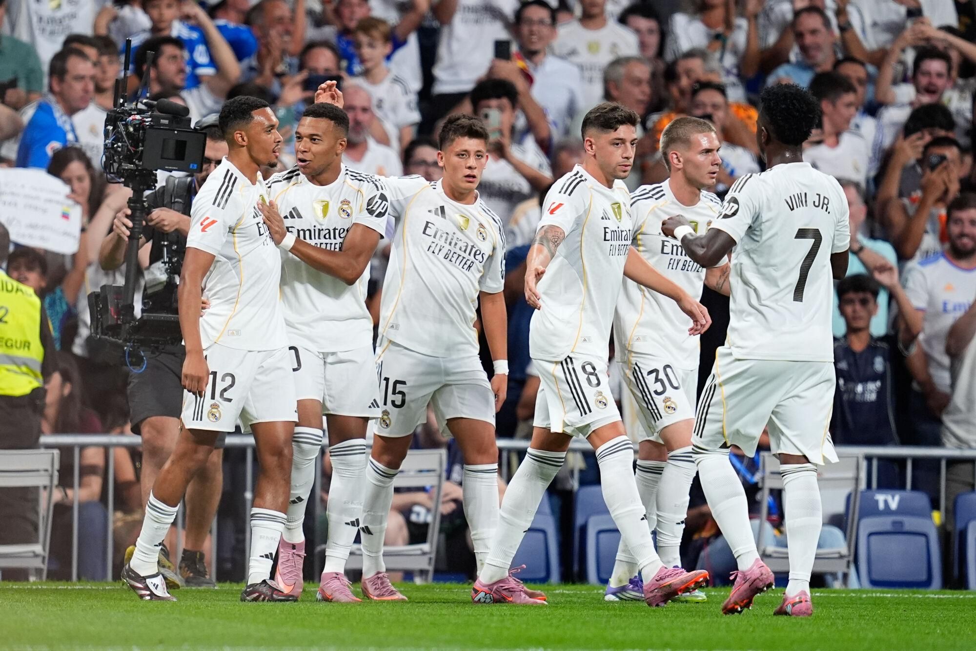 Kylian Mbappe of Real Madrid CF celebrates a goal dismissed by VAR during the Spanish League, LaLiga EA Sports, football match played between Real Madrid and RCD Mallorca at Santiago Bernabeu stadium on August 30, 2025, in Madrid, Spain. AFP7 30/08/2025 ONLY FOR USE IN SPAIN. Dennis Agyeman / AFP7 / Europa Press;2025;SOCCER;SPAIN;SPORT;ZSOCCER;ZSPORT;Real Madrid v RCD Mallorca - LaLiga EA Sports;