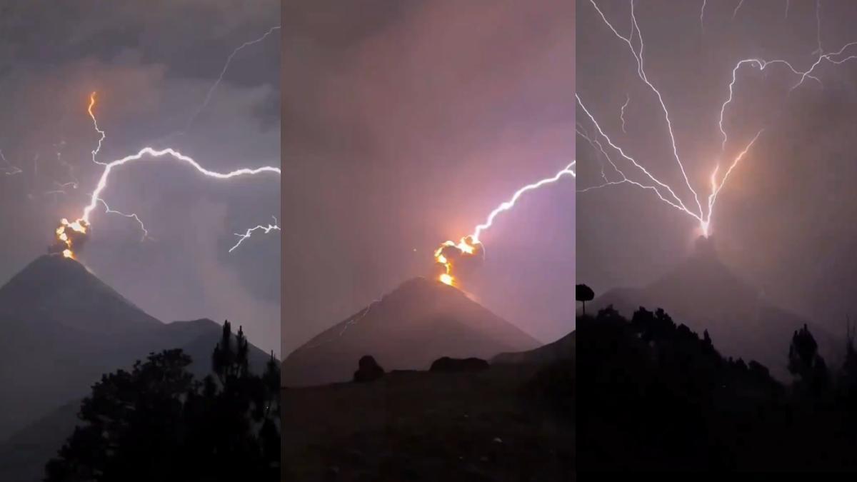Un rayo cae sobre un volcan en erupción