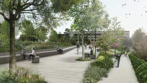 Recreación del futuro parque de Oriol Martorell, sobre la losa del ferrocarril en Sarrià en Barcelona.