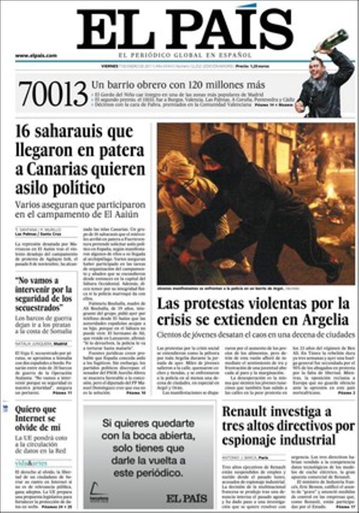 Dins ’El País’ també destaca que Amnistia Internacional denuncia que milers d’haitianes són violades cada nit als campaments de refugiats; que els sindicats i el Govern espanyol es tanquen el cap de setmana per negociar sobre les pensions, i que les caixes d’estalvis no tindran una segona ronda de fusions, segons José Antonio Olavarrieta, director general de la CECA.