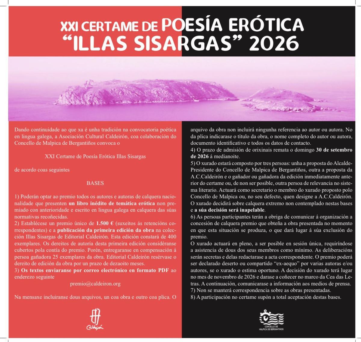Bases do XXI Certame de Poesía Erótica Illas Sisargas.