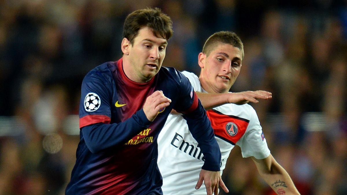 Verratti persigue a Messi durante el partido de vuelta de cuartos de final de la Champions League en 2013