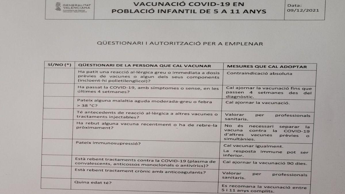 Este es el cuestionario que hoy mismo se ha remitido a las familias y que se debe de entregar este martes como tarde.