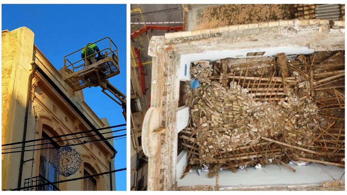 A la izquierda, foto de cuando arreglaron los desperfectos de la fachada, en diciembre. A la derecha, foto del edificio tras desplomarse la cubierta, en septiembre.