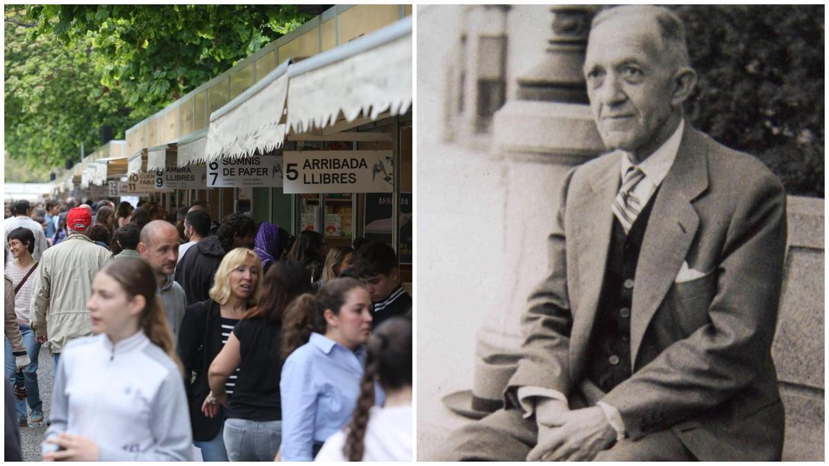 La Fira del Llibre de València, el viernes, y una foto de arhivo de Vicent Clavel, impulsor del Día del Libro y las ferias del libro.