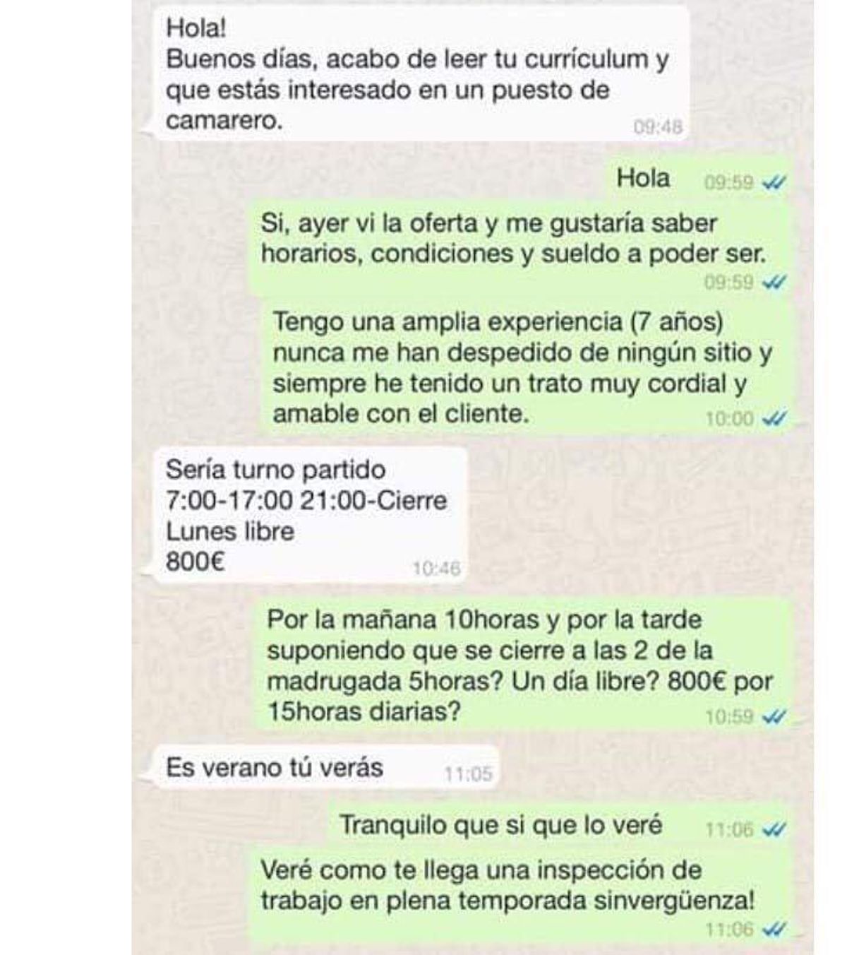 La vergonzosa oferta de trabajo que tuvo que soportar una aspirante a camarero