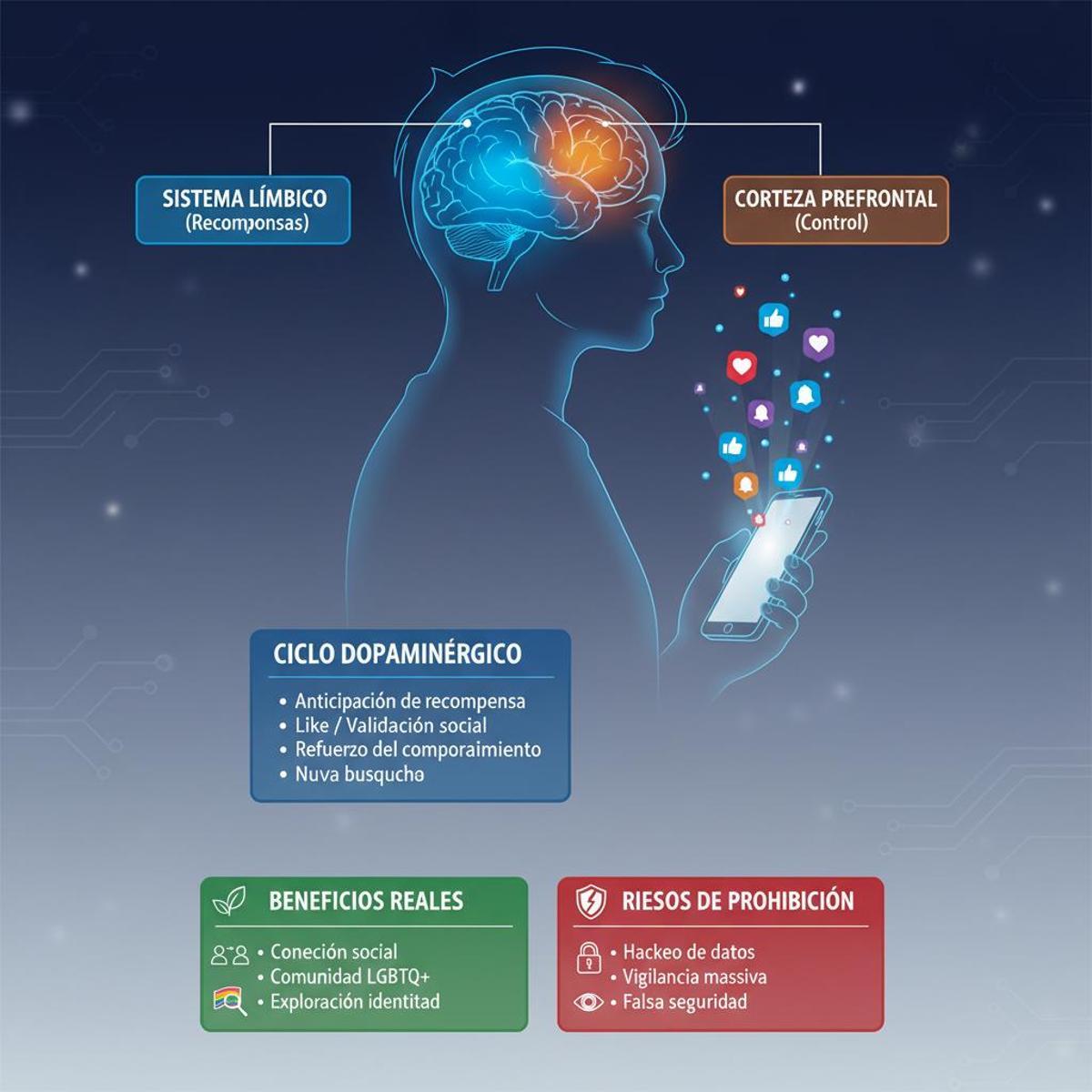 Infografía sobre cómo las redes sociales explotan el cerebro adolescente.