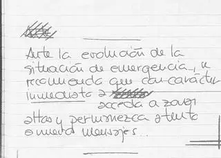 Suárez entrega a la jueza de la dana el borrador manuscrito de un mensaje en el se recomendaba "acceder a zonas altas"