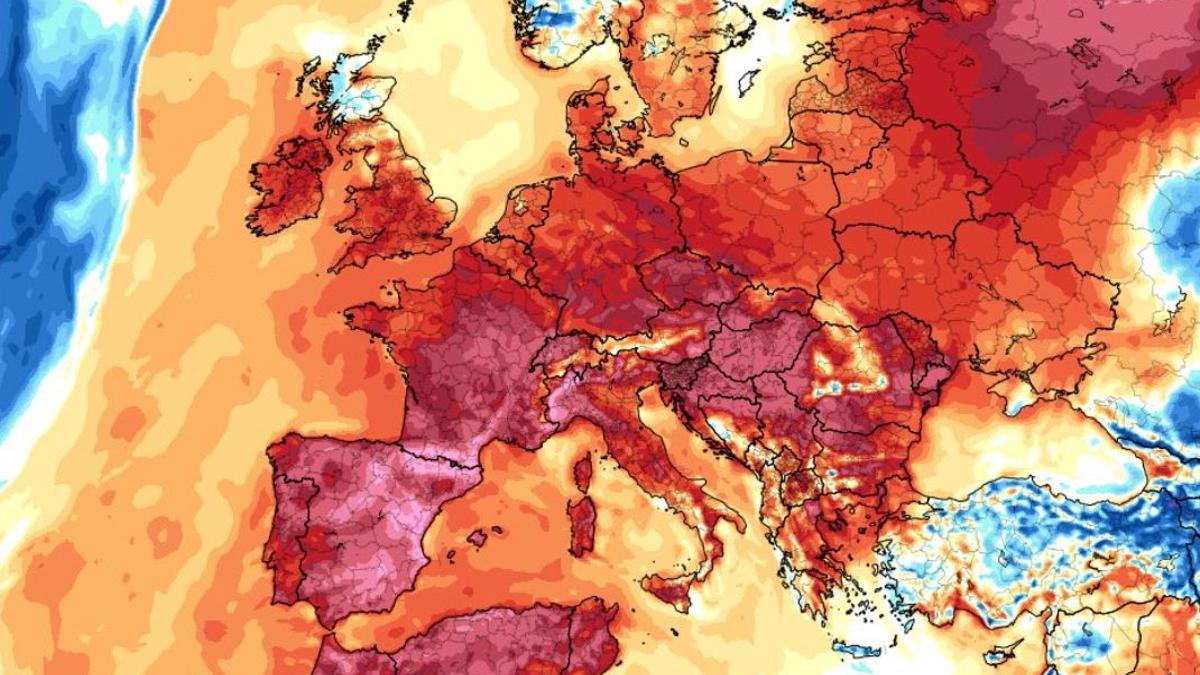 Imagen del satélite de las altas temperaturas este mediodía en Europa