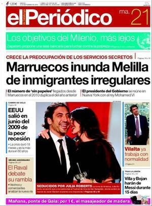 EL PERIÓDICO tracta a fons en el tema del dia el repte de la Cimera del Mil·lenni contra la pobresa i ofereix com a temes propis que la màfia de l’almoina explota els gitanos i un exitós cementiri on line turc. També que s’estudien les constants fallades de la servei elèctric d’Adif a Catalunya, que els empresaris de Lleida pagaran per allunyar una mesquita, que el Síndic de Greuges estudiarà el boicot dels mestres a les sortides,  les expectatives que té Guardiola per suplir Messi i que Iniesta revela que serà pare l’any que ve.