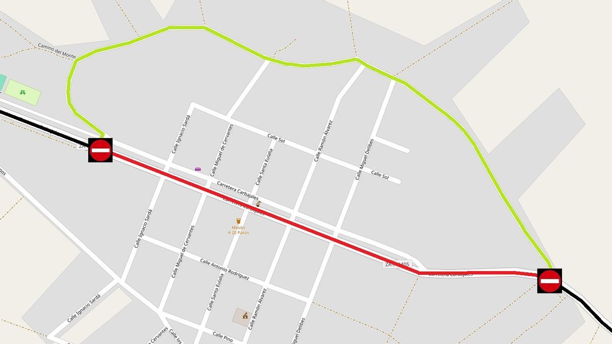 Plano de Palacios del Pan, con el corte de carretera (rojo) y el desvío provisional (verde)
