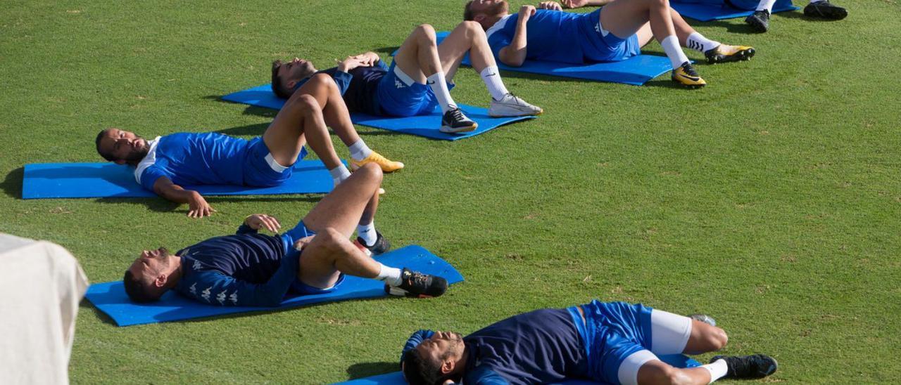 Los futbolistas del Hércules, en plena serie de estiramientos sobre la hierba del Rico Pérez. | JOSE NAVARRO