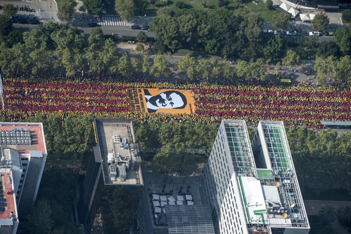 La ’V’ de la Via Catalana, al seu pas per l’avinguda Diagonal, amb cartells amb les cares de líders polítics internacionals. En aquest cas, David Cameron.