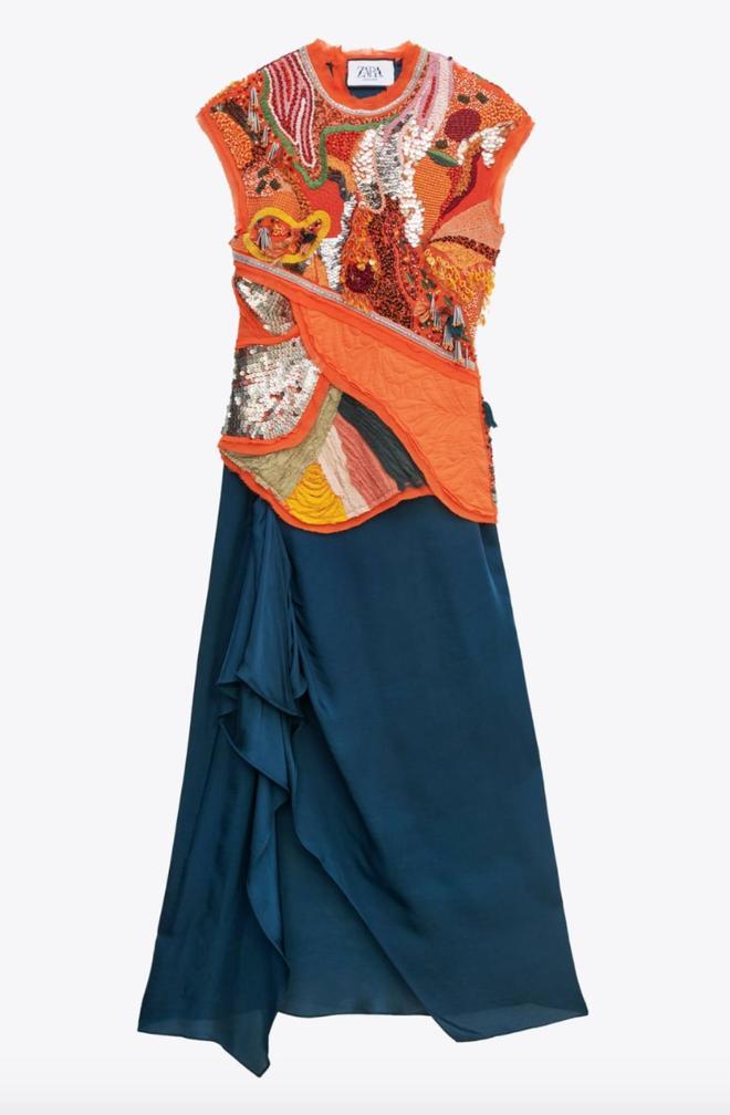 Vestido de Zara Atelier con cuerpo naranja de lentejuelas y falda azul