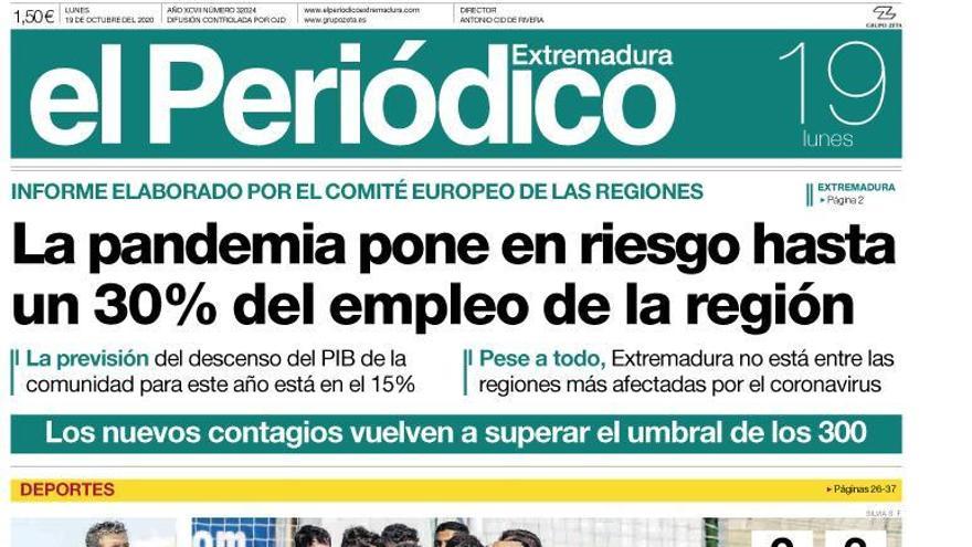 Esta es la portada de EL PERIÓDICO EXTREMADURA correspondiente al día 19 de octubre del 2020