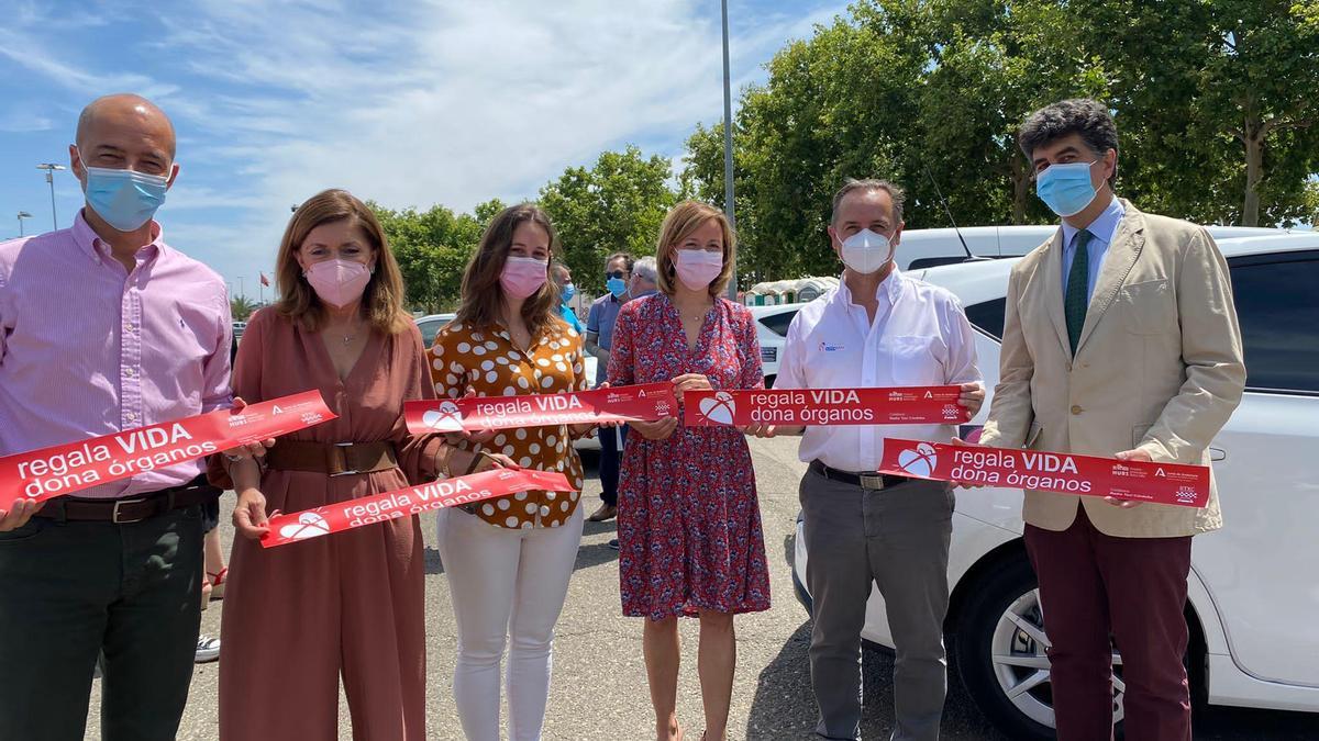 Representantes de los taxistas, del hospital y de Salud, en la pegada de carteles por la donación de órganos.