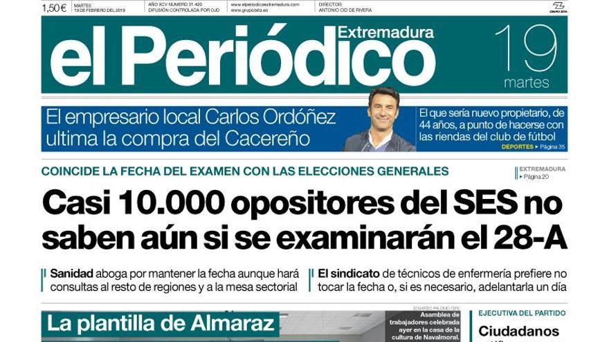 Esta es la portada de EL PERIÓDICO EXTREMADURA correspondiente al día 19 de febrero del 2019