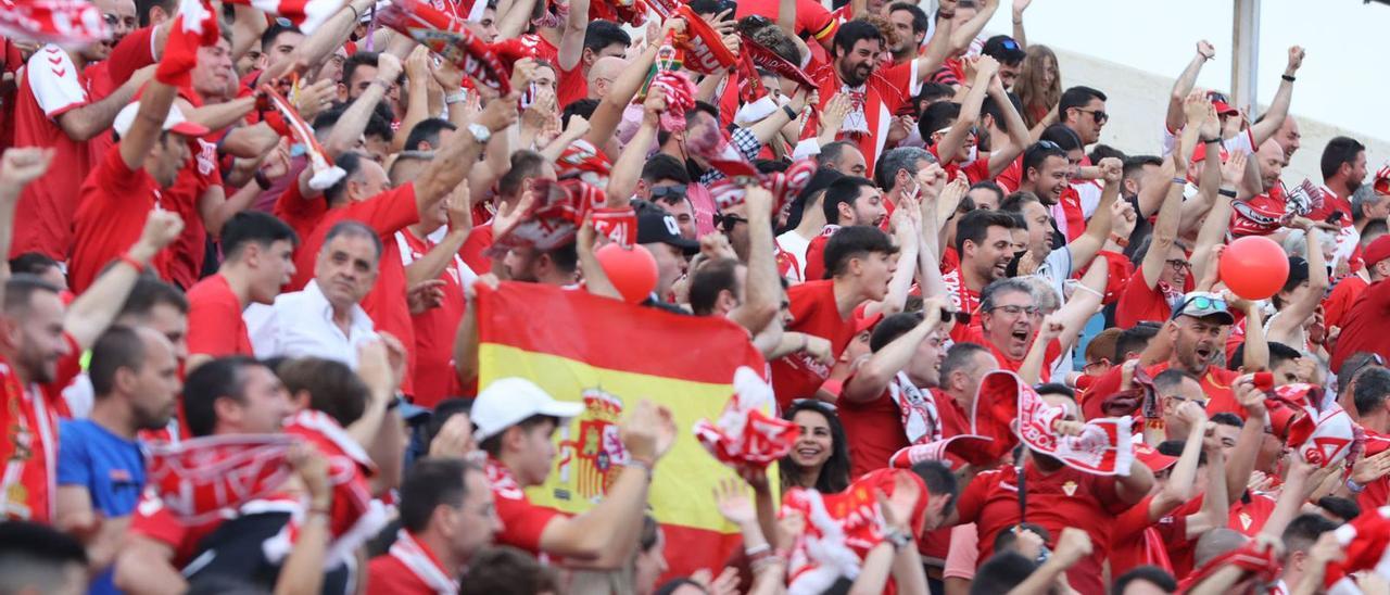 Aficionados del Real Murcia celebran el gol de Andrés Carrasco que le daba el pase a la final del play off contra el Rayo Cantabria. | PEPE VALERO