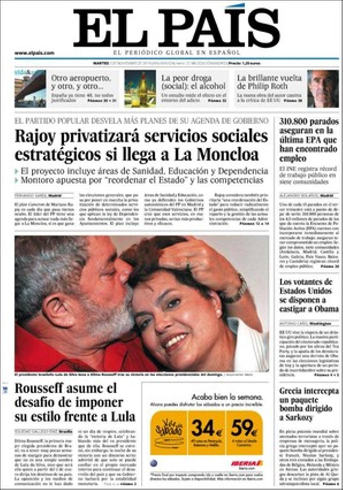 A les pàgines interiors, ’El País’ destaca també que Hisenda planeja enviar més inspectors als centres de treball; que el primer vol Barcelona-Lleida només va aconseguir vendre dos bitllets, de manera que es va suspendre; que l’alcohol causa més estralls en la societat que les drogues legals, i que el jutge va ignorar l’alerta de la policia sobre el parricida de Tarragona.