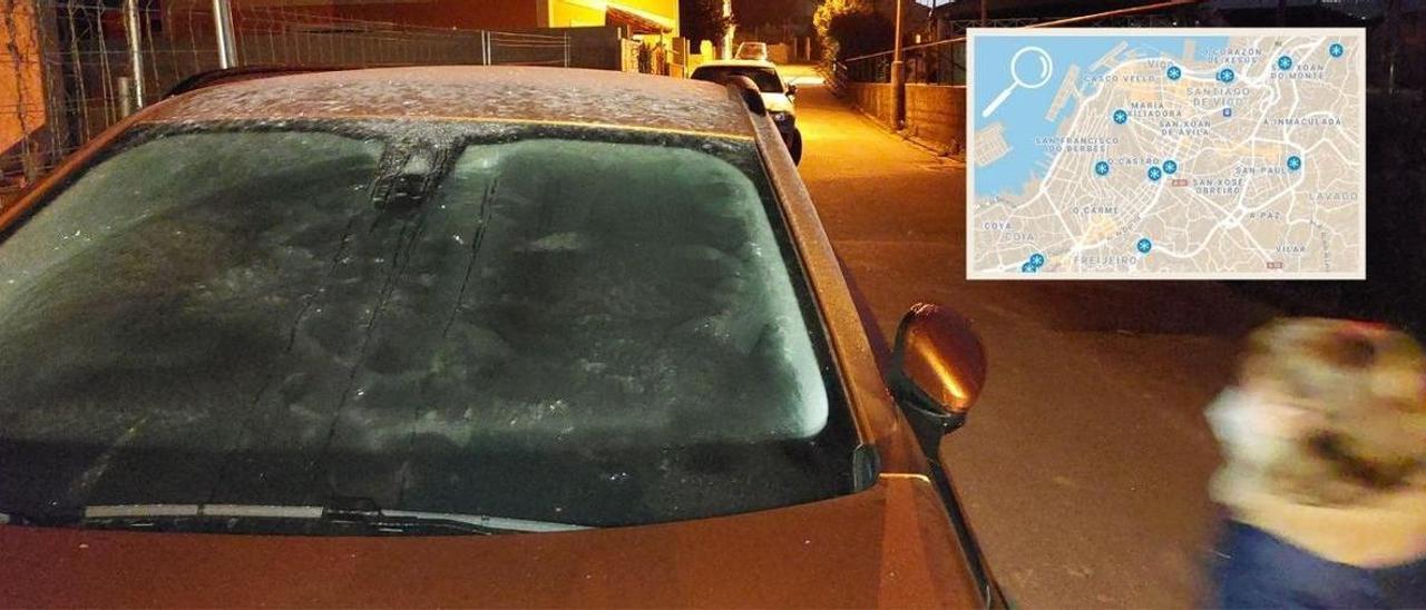 Un coche en Vigo con una capa de hielo en la luna.