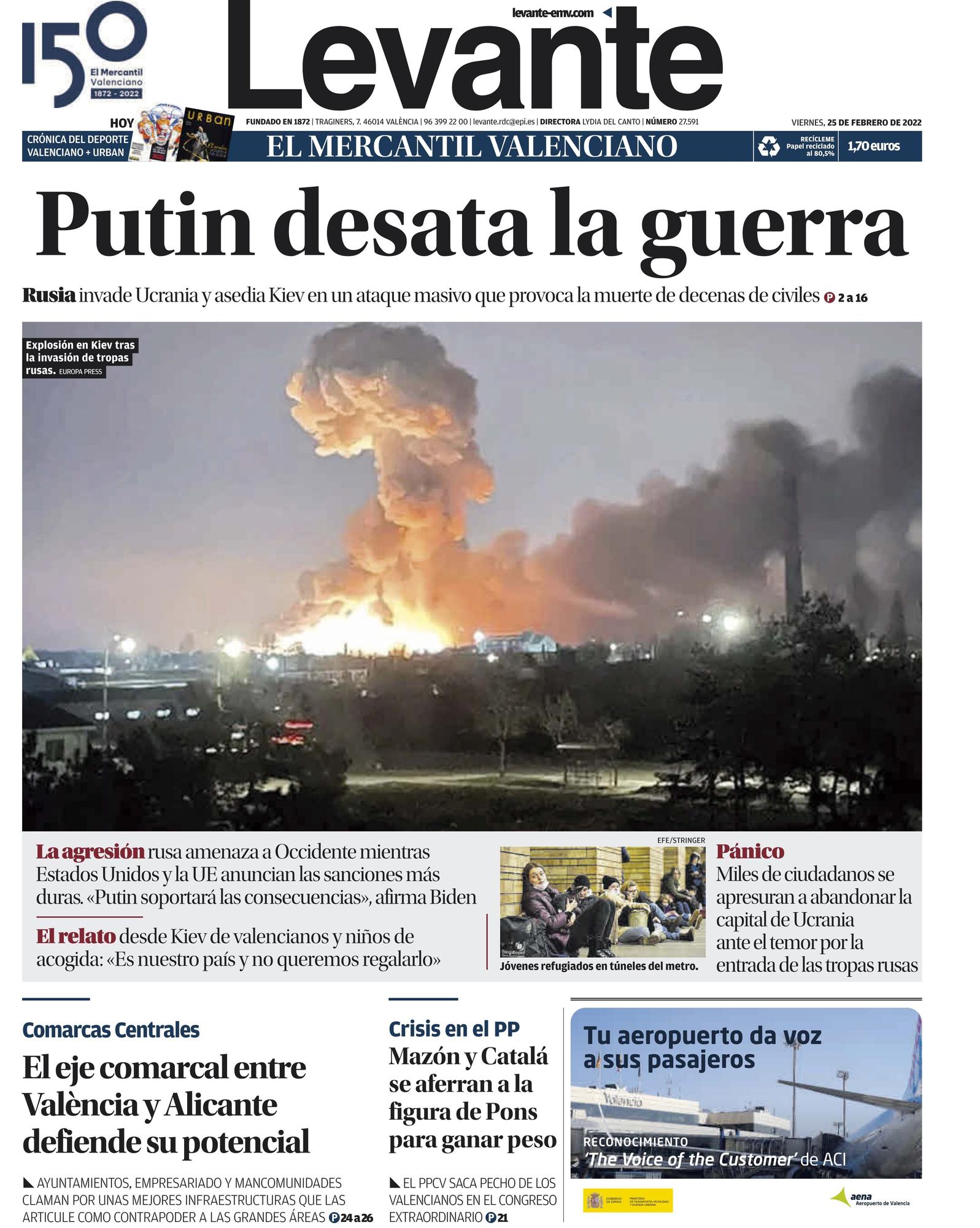 Portada del 25 de febrero de 2022 tras la invasión a Ucrania.