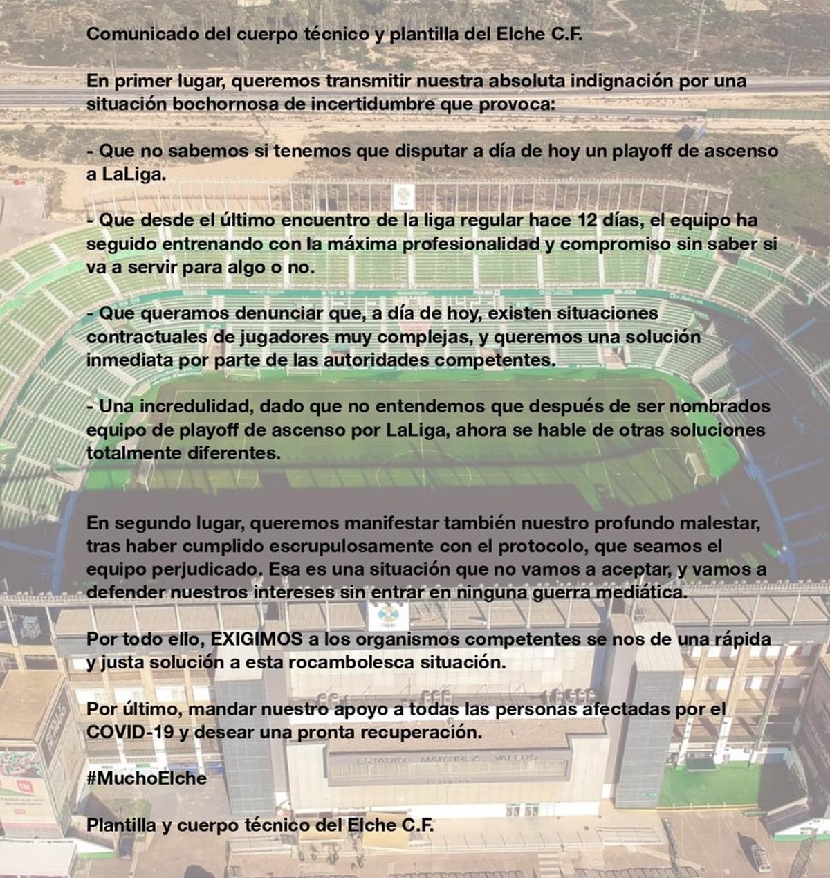 La plantilla y el cuerpo técnico del Elche muestran su indignación y ...
