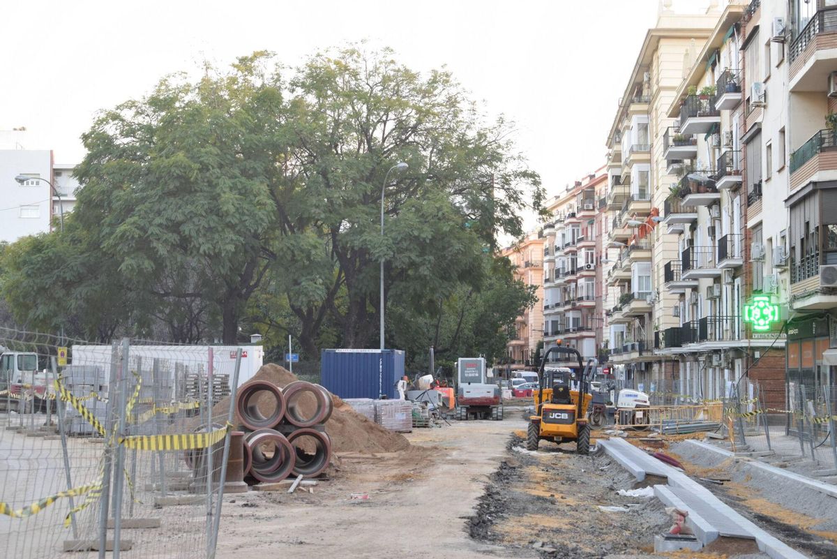 Árboles marcados en el interior de los jardines Manuel Ferrand en las obras de la calle Juan Sebastián Elcano junto al nuevo edificio KKH, Sevilla