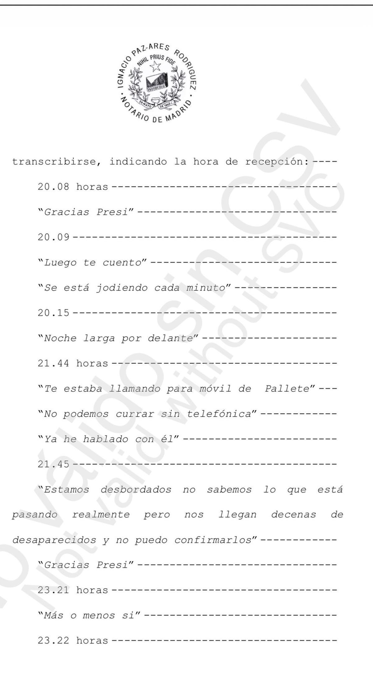Intercambio de mensajes entre Mazón y Feijóo el día de la dana aportados por el presidente del PP a la jueza de Catarroja.