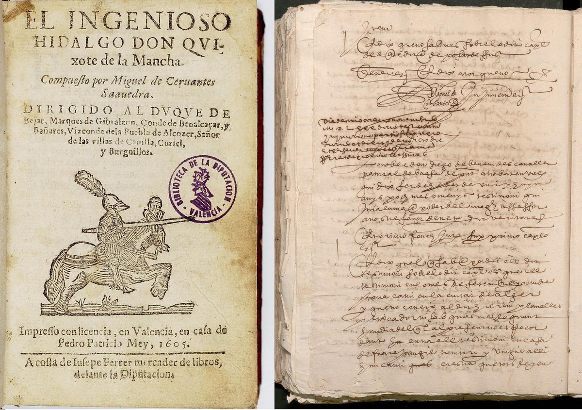 Una edición del Quijote impresa en València en 1605 y la firma de Miguel de Cervantes, ambos documentos conservados y donados por Serrano Morales a València.