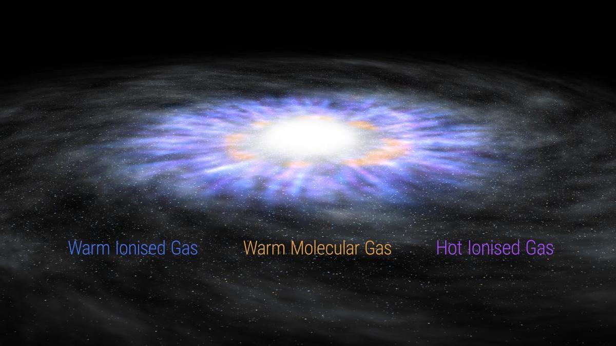 Ilustración artística que muestra los vientos ionizados templado y caliente y el gas molecular templado rotando en una galaxia con un AGN.