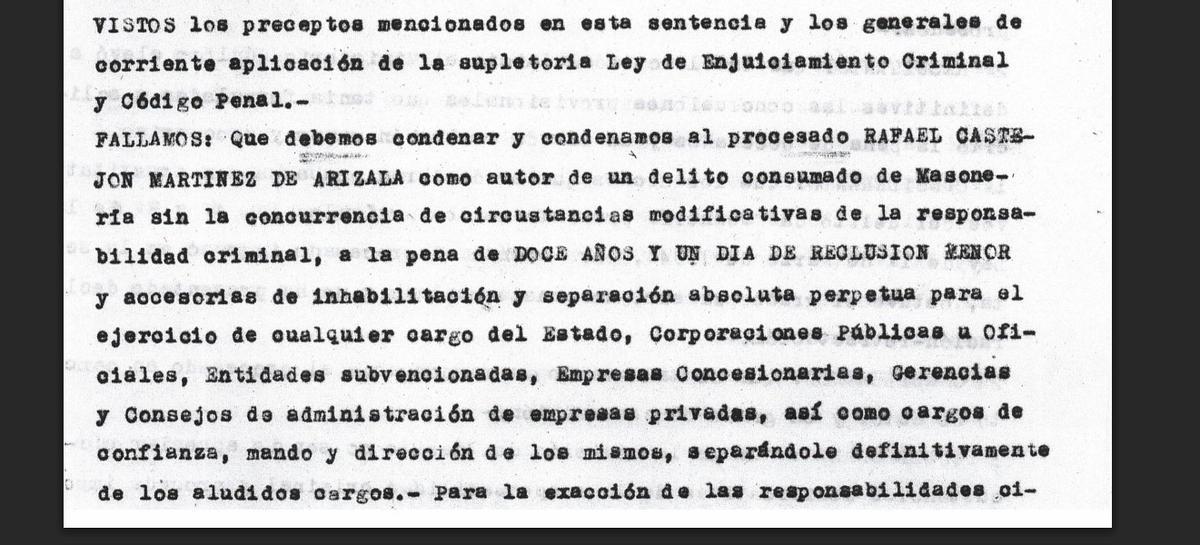 Extracto de la sentencia anulada, que condenó en 1947 a Rafael Castejón y Martínez de Arizala por un supuesto delito de masonería.
