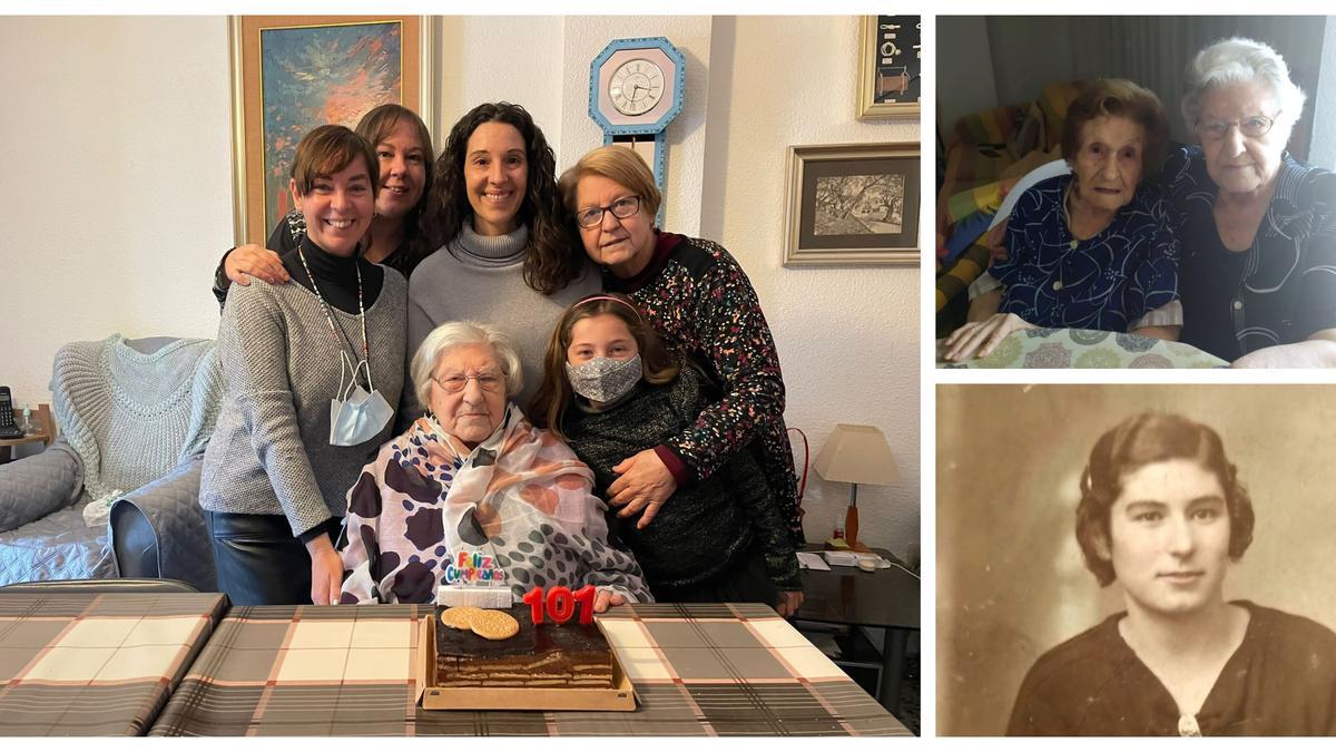 Carmen Safont, bien acompañada. A la derecha, arriba junto a su hermana Vicentica, que murió con la nada desdeñable cifra de 97 años; y bajo, en su juventud.