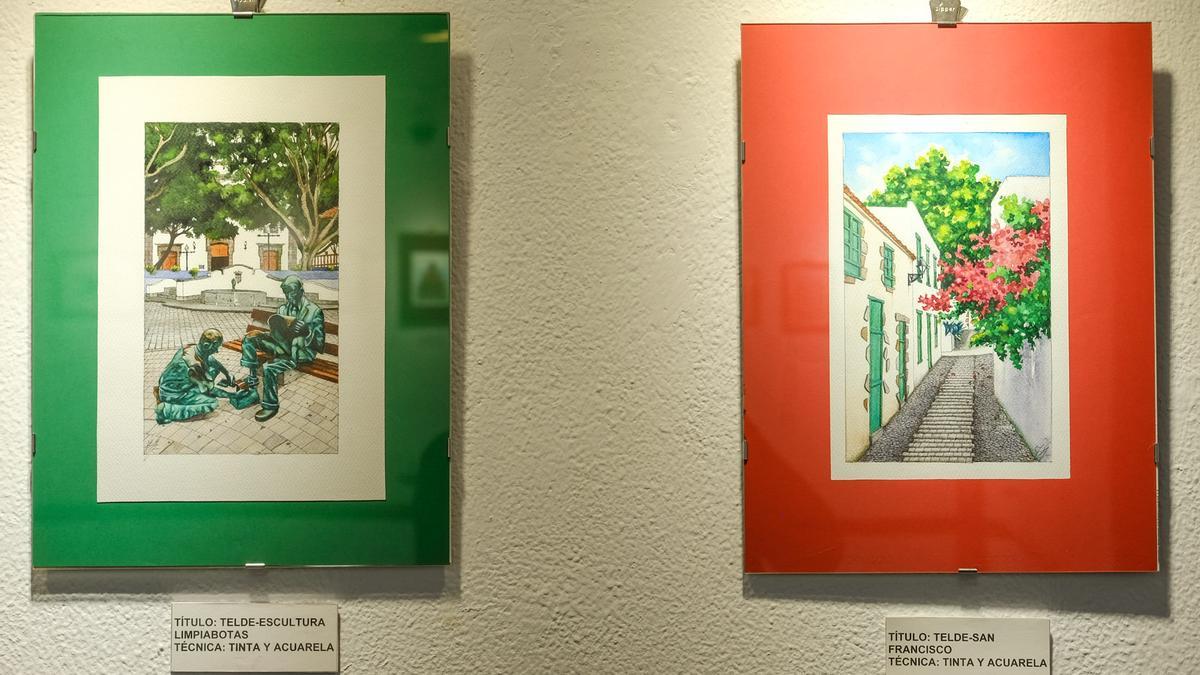 Dos de los cuadros de la exposición basados en fotografías del municipio de Telde