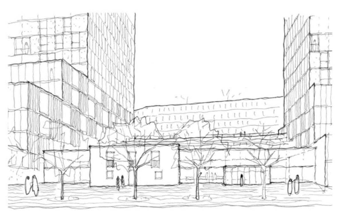 Dibujo de la calle Montes, con el Ayuntamiento de Oza recuperado, incluida en el proyecto.