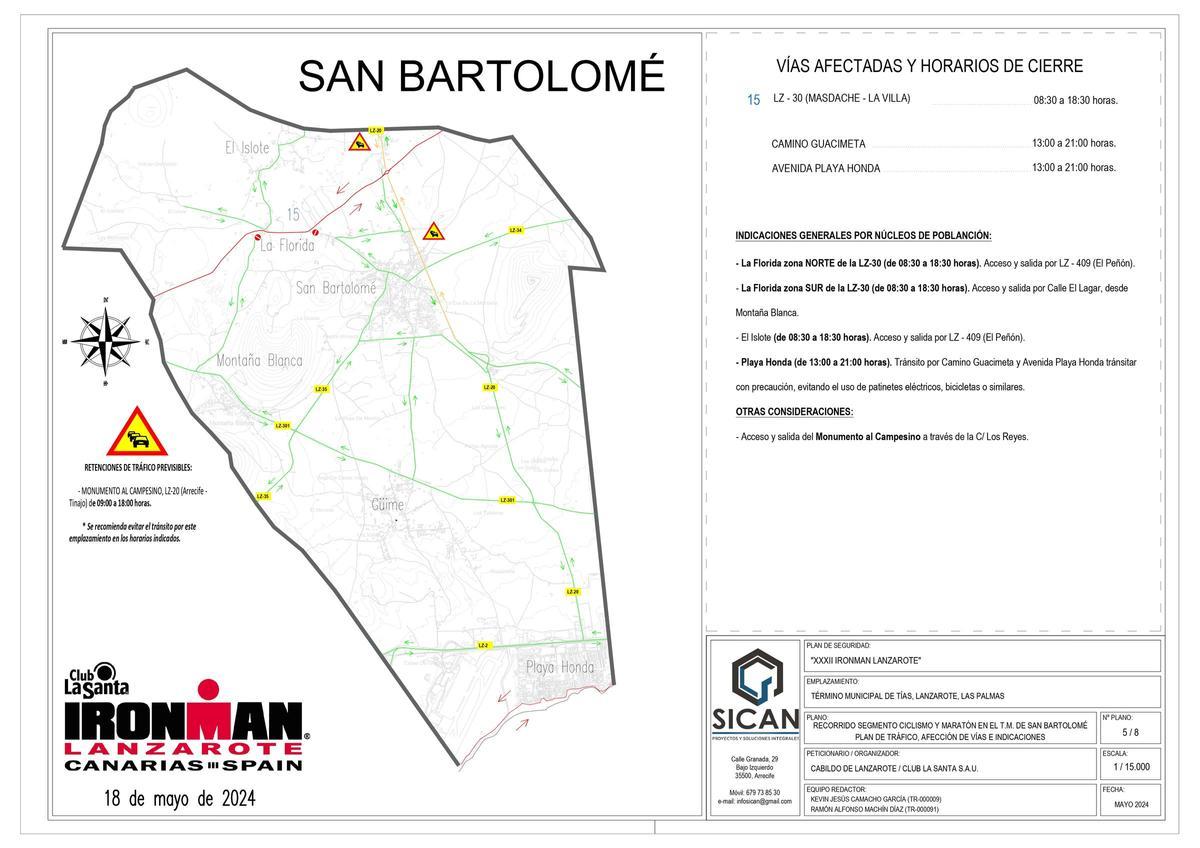 Cortes de carreteras en el municipio de San Bartolomé por el Ironman Lanzarote 2024.