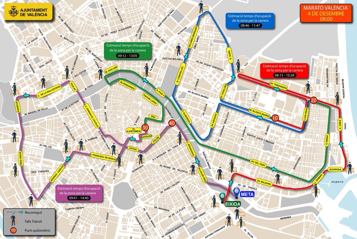 Plano de ocupación de calles durante el recorrido del Maratón València