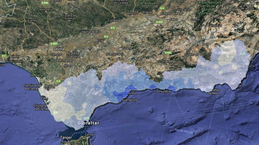 Mapa de zonas donde estaba lloviendo a las 7.00 horas en Málaga.