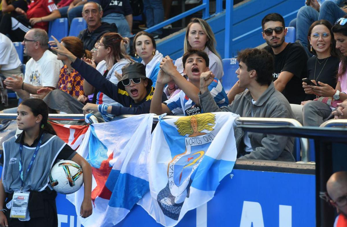 Aficionados del Deportivo, disfrutando durante el encuentro en la grada de Riazor; abajo a la derecha, en el palco, Massimo Benassi y Michelle Clemente. |  // CARLOS PARDELLAS