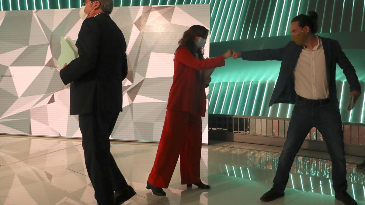 Los candidatos de PSOE, Más Madrid y Unidas Podemos el 4-M, Ángel Gabilondo, Mónica García y Pablo Iglesias, el pasado 21 de abril de 2021 en el debate de Telemadrid.