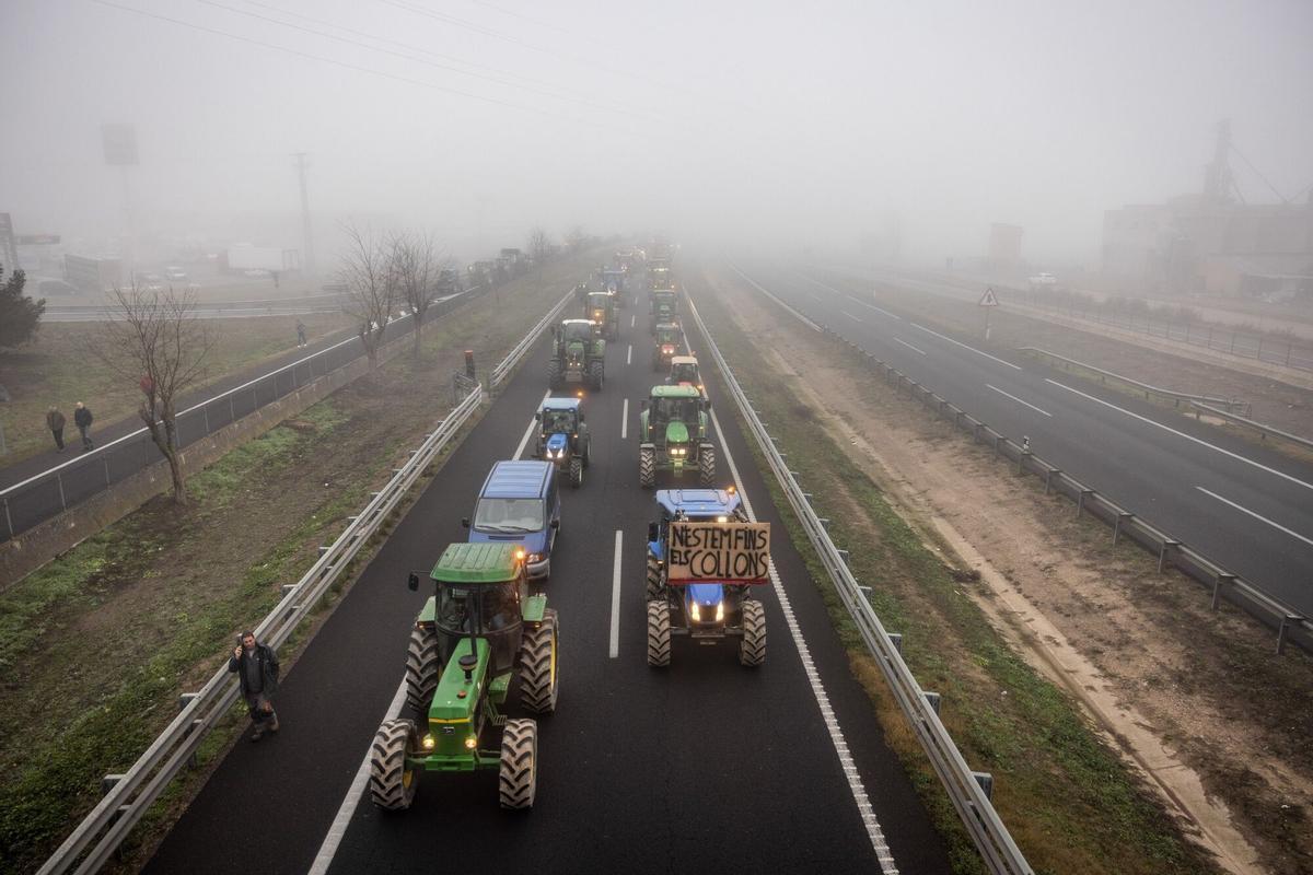 Agricultores catalanes bloquean la A-2 a la altura de Fondarella (Pla dUrgell) con sus tractores durante las protestas para pedir mejores condiciones para el sector