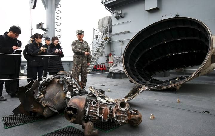 Metal objects believed to be a part of North Korean long range rocket launched on February 7, 2016, are seen at a naval base in Pyeongtaek