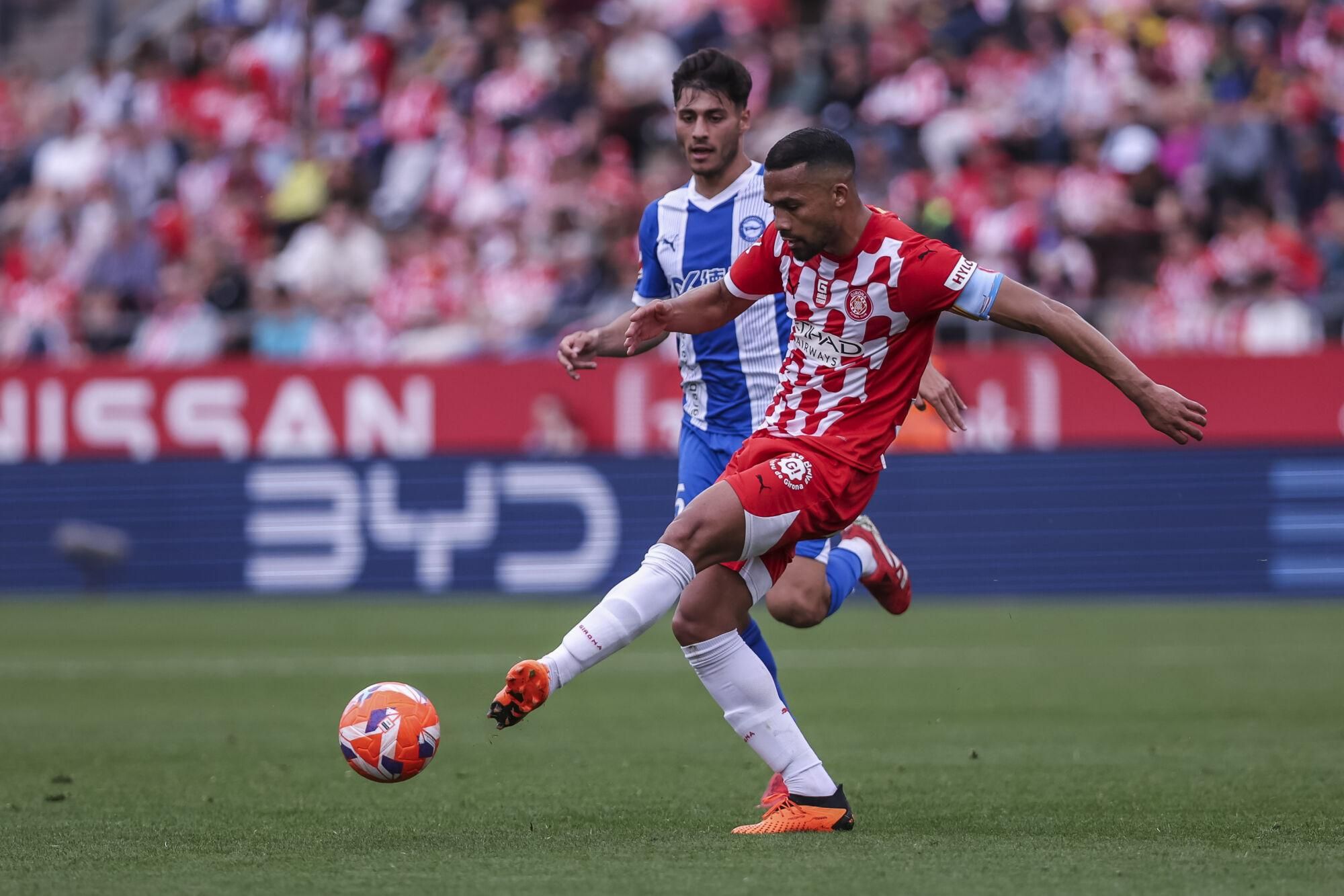 Yangel Rangel of Girona FC in action during the Spanish league, La Liga EA Sports, football match played between Girona FC and Deportivo Alaves at Estadio de Montilivi on April 05, 2025 in Girona, Spain. AFP7 05/04/2025 ONLY FOR USE IN SPAIN. Javier Borrego / AFP7 / Europa Press;2025;SPORT;ZSPORT;SOCCER;ZSOCCER;Girona FC v Deportivo Alaves - La Liga EA Sports;