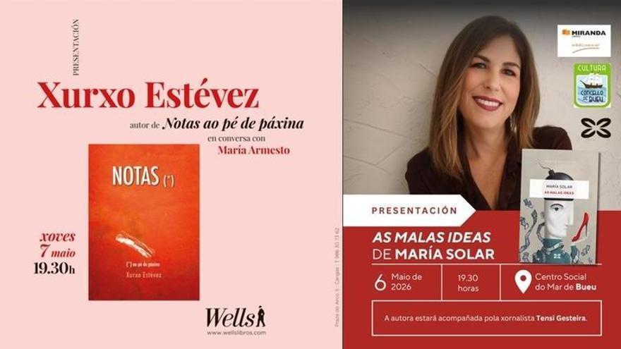 María Solar presenta hoxe "As malas ideas" en Bueu e Xurxo Estévez estará mañán en Cangas con "Notas ao pé de páxina"