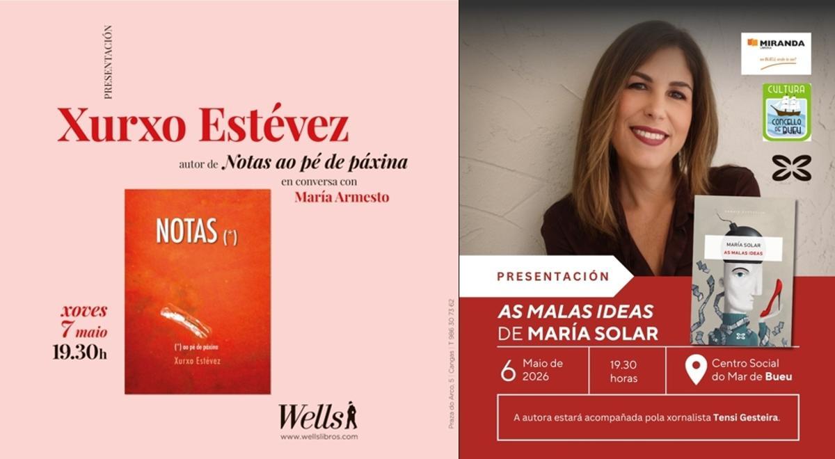 Os carteis coas presentacións literarias organizadas polas librarías Wells e Miranda.