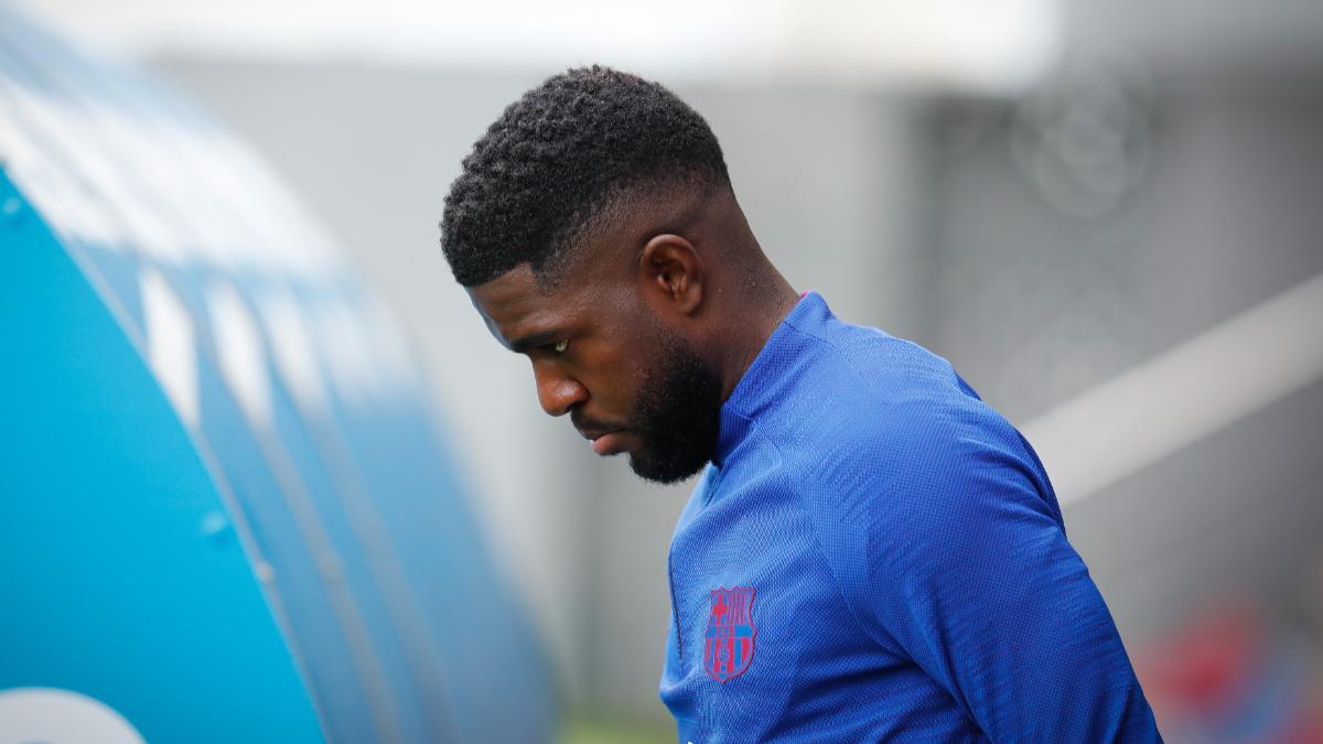 Samuel Umtiti, durante un entrenamiento con el Barça
