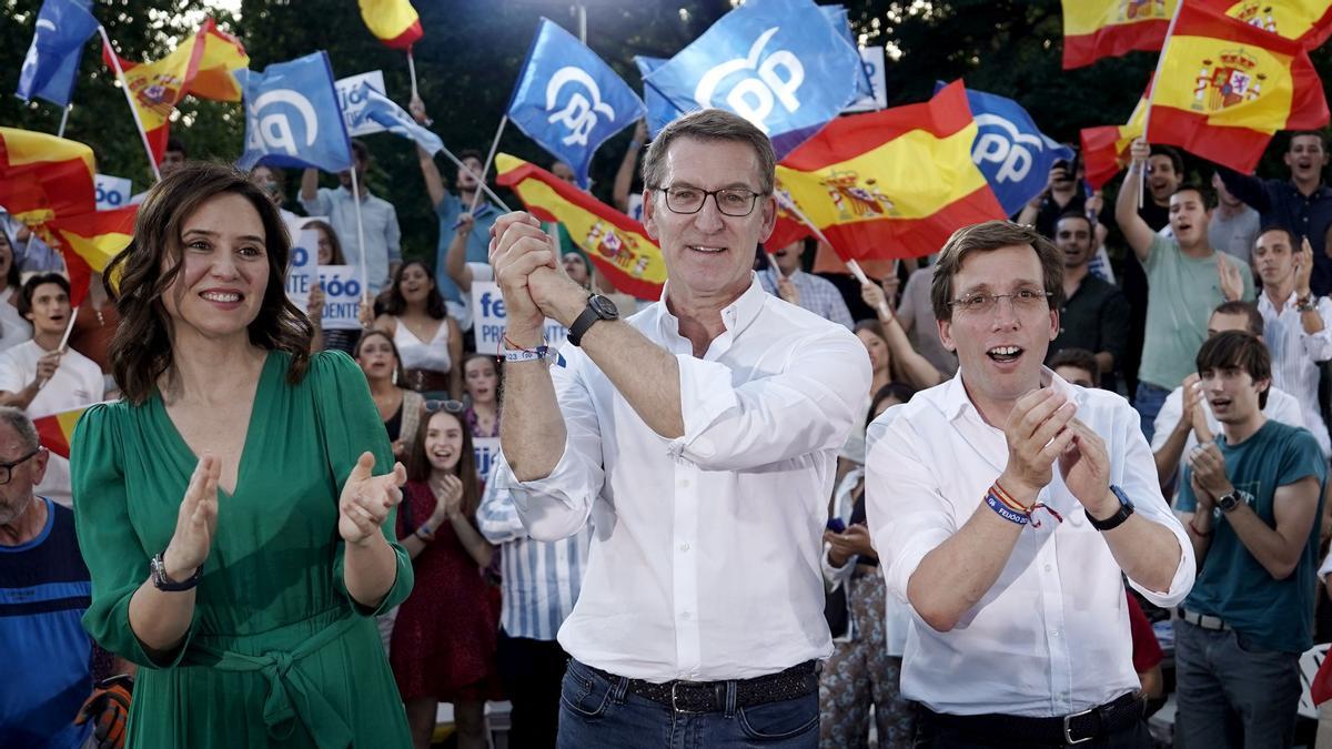 Madrid. 20.07.2023. Mitin de cierre de campaña del Partido Popular para las elecciones generales del 23J en el que ha participado Alberto Núñez Feijóo, Isabel Díaz Ayuso y Martínez Almeida.